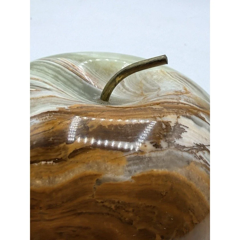 Green Brown Onyx Apple Paperweight Carved Polished Solid Marble Natural Stone 4”